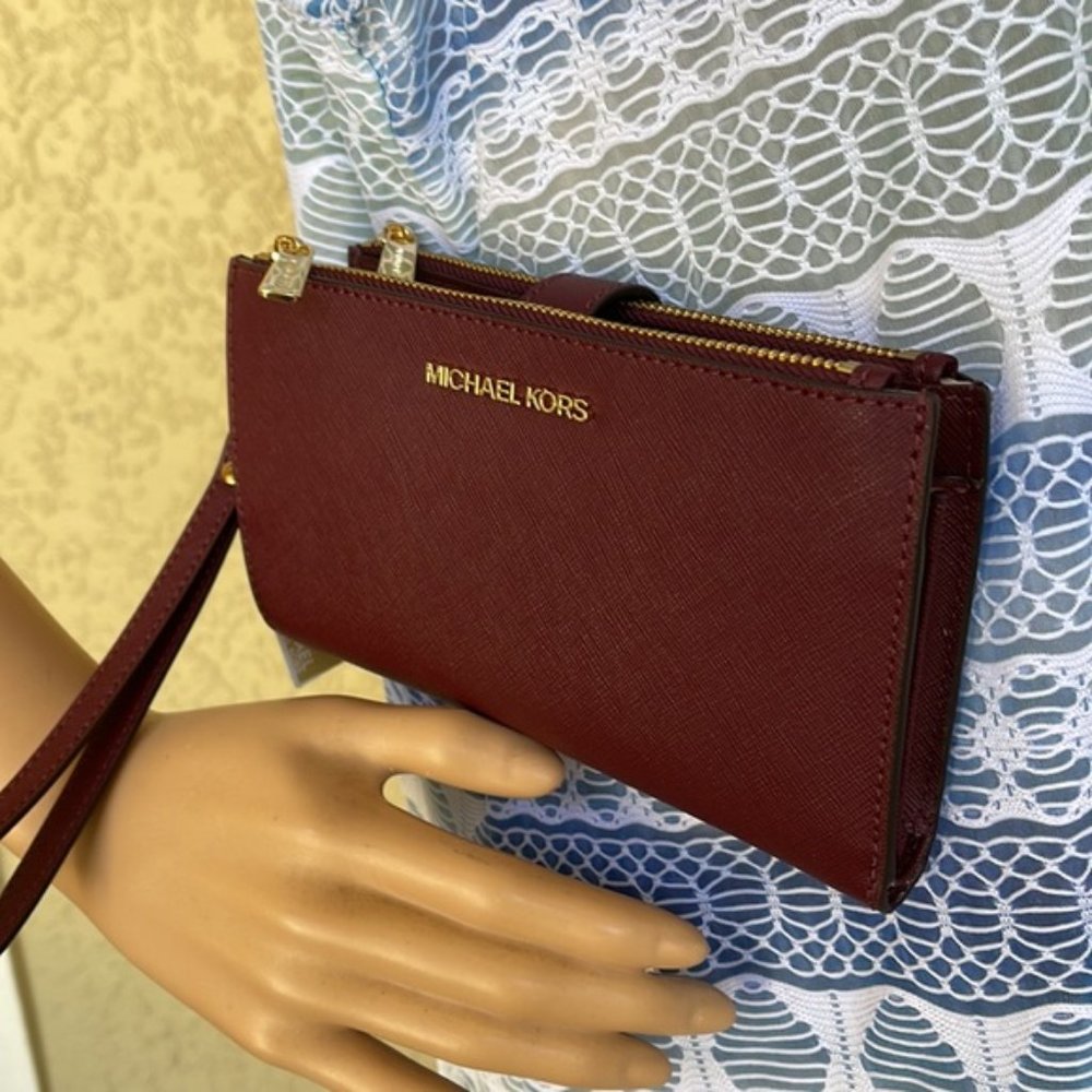 Michael Kors Jet Set Travel Large Double Zip Wristlet Wallet Dark Cherry Leather